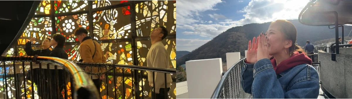 ステンドグラスと屋外の景色