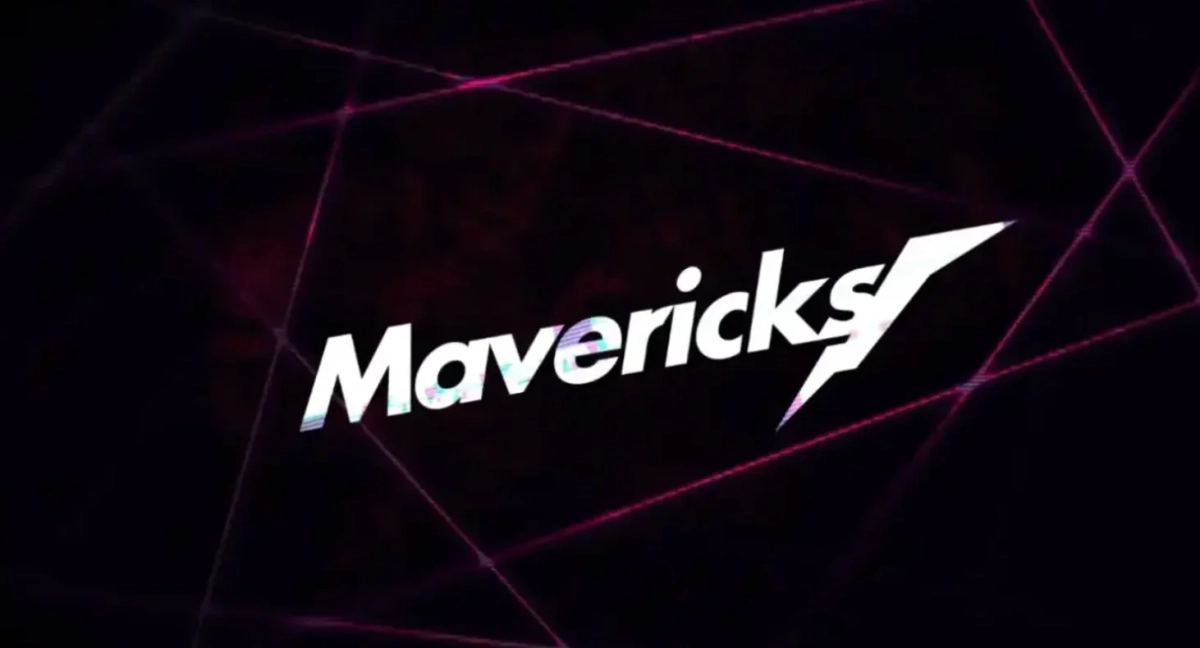 暗い背景に「Mavericks」という文字が、ピンク色の幾何学的なネットワークパターンと共に描かれています。