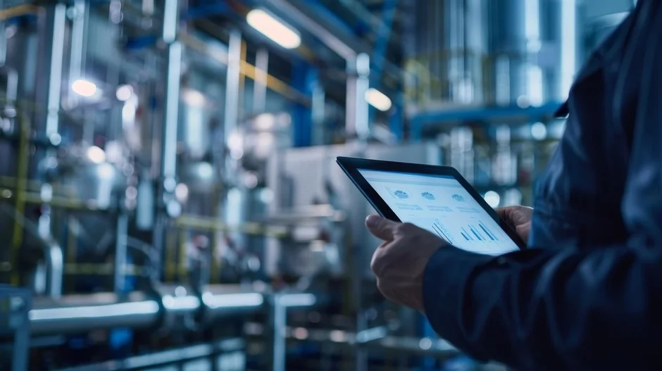 工場でタブレットを操作する作業員
