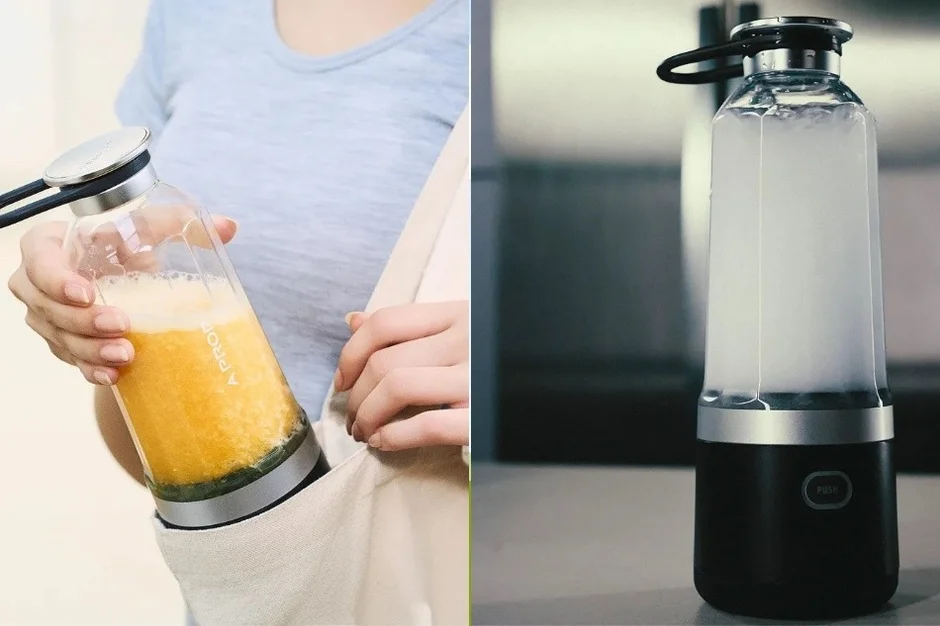 ポータブルブレンダーでジュースを攪拌している様子です。