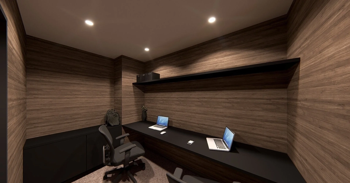 木目調の壁と黒いデスクが特徴的なモダンな書斎兼ワークスペース