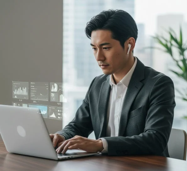 ビジネスマンがラップトップで作業し、隣にデータ分析を示すホログラムディスプレイが浮かぶ