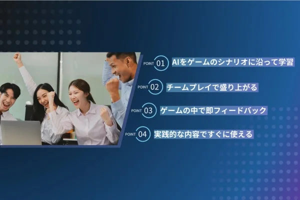 ビジネスチームがノートパソコンを見ながら歓喜している様子と、AI学習、チームプレイ、即時フィードバック、実践的な内容という4つのポイントが示されたプレゼンテーションスライドです