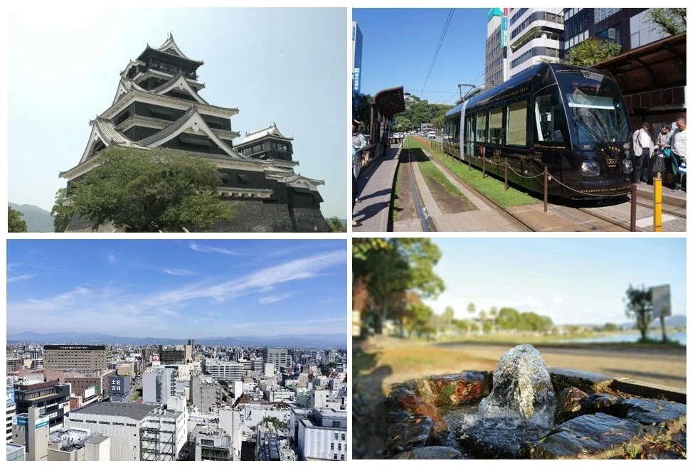 熊本城、路面電車、都市の風景