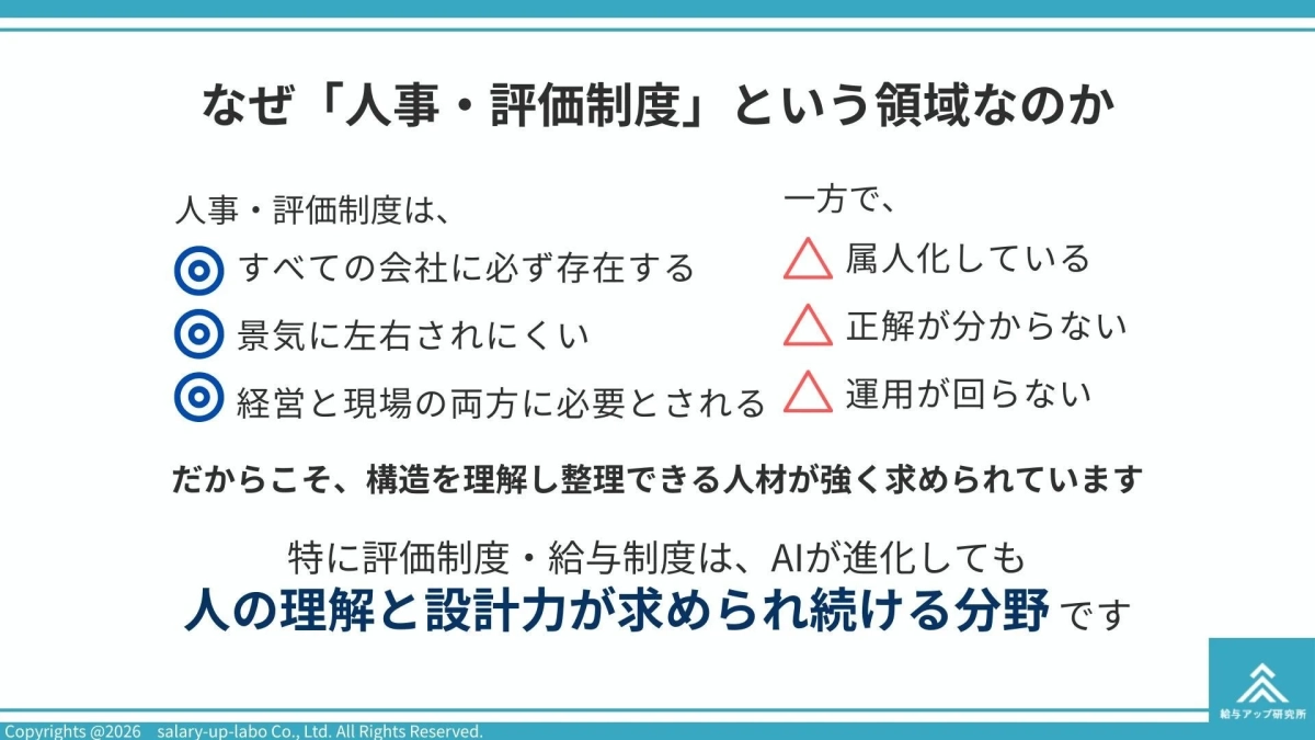人事・評価制度の重要性と、AI時代でも人の理解と設計力が求められることを示す資料