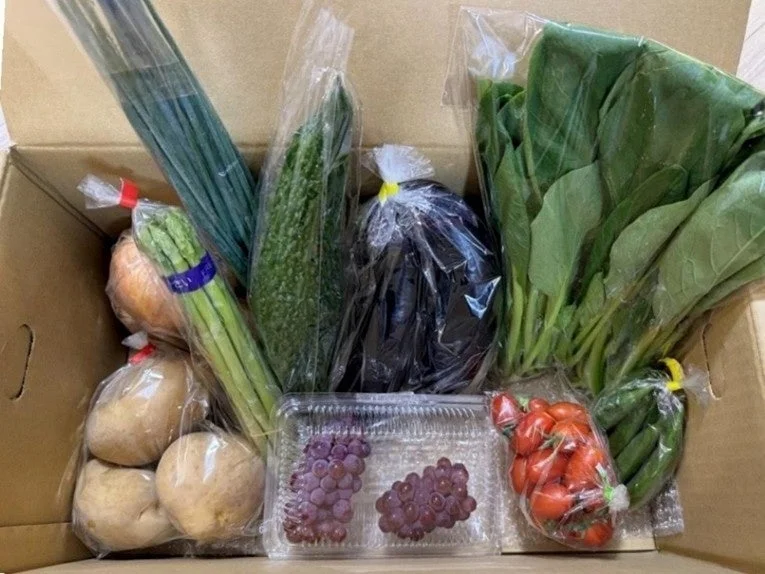 段ボール箱に詰められた新鮮な野菜と果物のセット