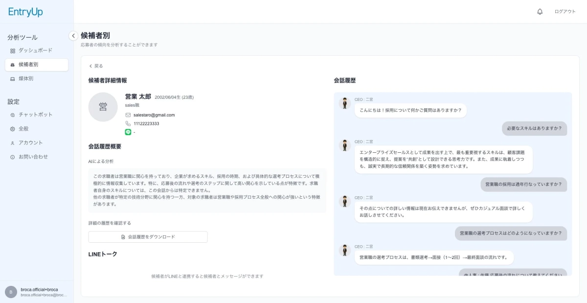 EntryUpの分析ツール、候補者詳細情報