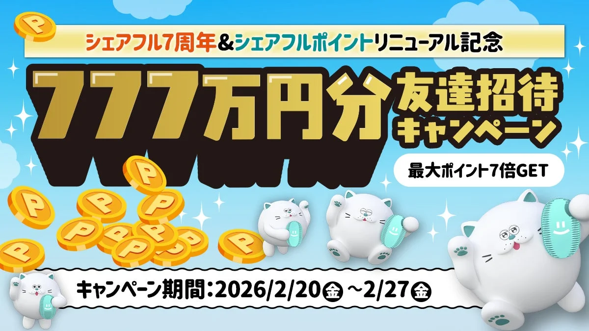 シェアフル7周年&シェアフルポイントリニューアル記念 777万円分 友達招待キャンペーン