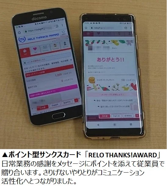 ポイント型サンクスカード「RELO THANKS! AWARD」のスマートフォン画面