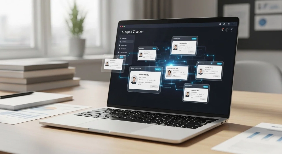 AIエージェント作成UI、ラップトップ