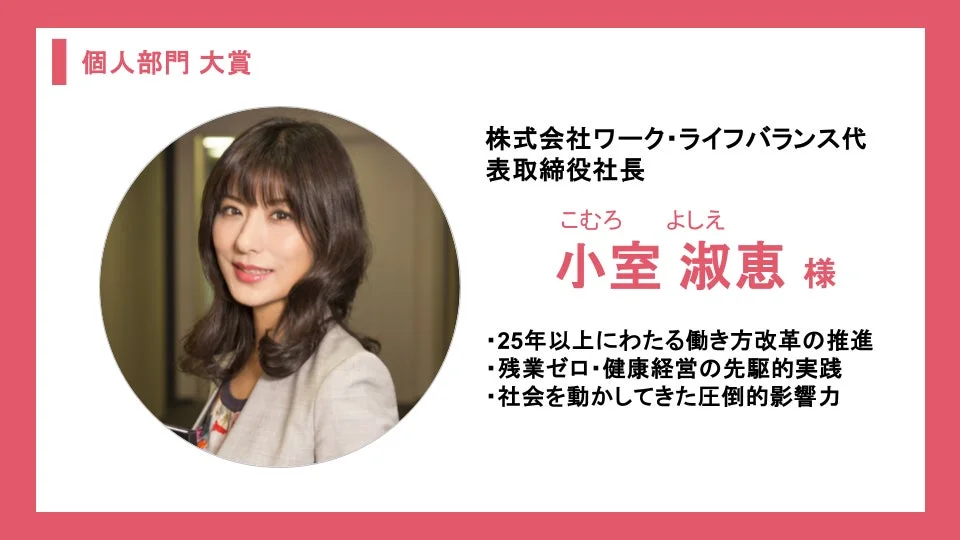 小室淑恵氏の個人部門大賞受賞
