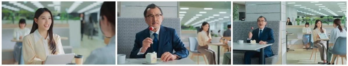 明るくモダンなオフィス内のカフェテリアで、様々な人々が休憩したり、交流したりしています。