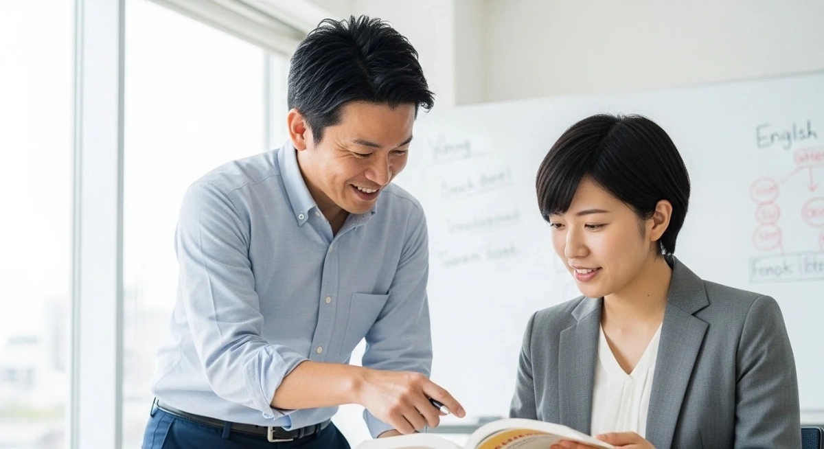 オフィスで男性と女性が笑顔で話している様子