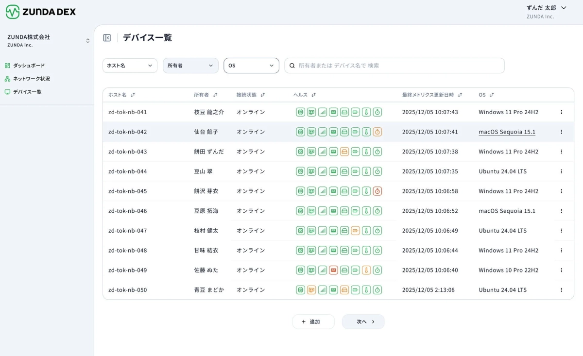 ZUNDA DEXデバイス管理画面