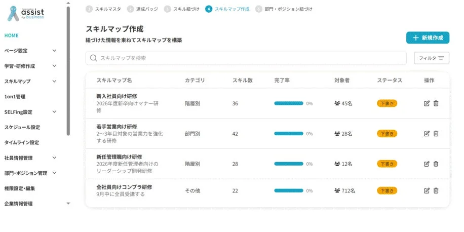 人材育成プラットフォーム「assist for business」スキルマップ作成画面