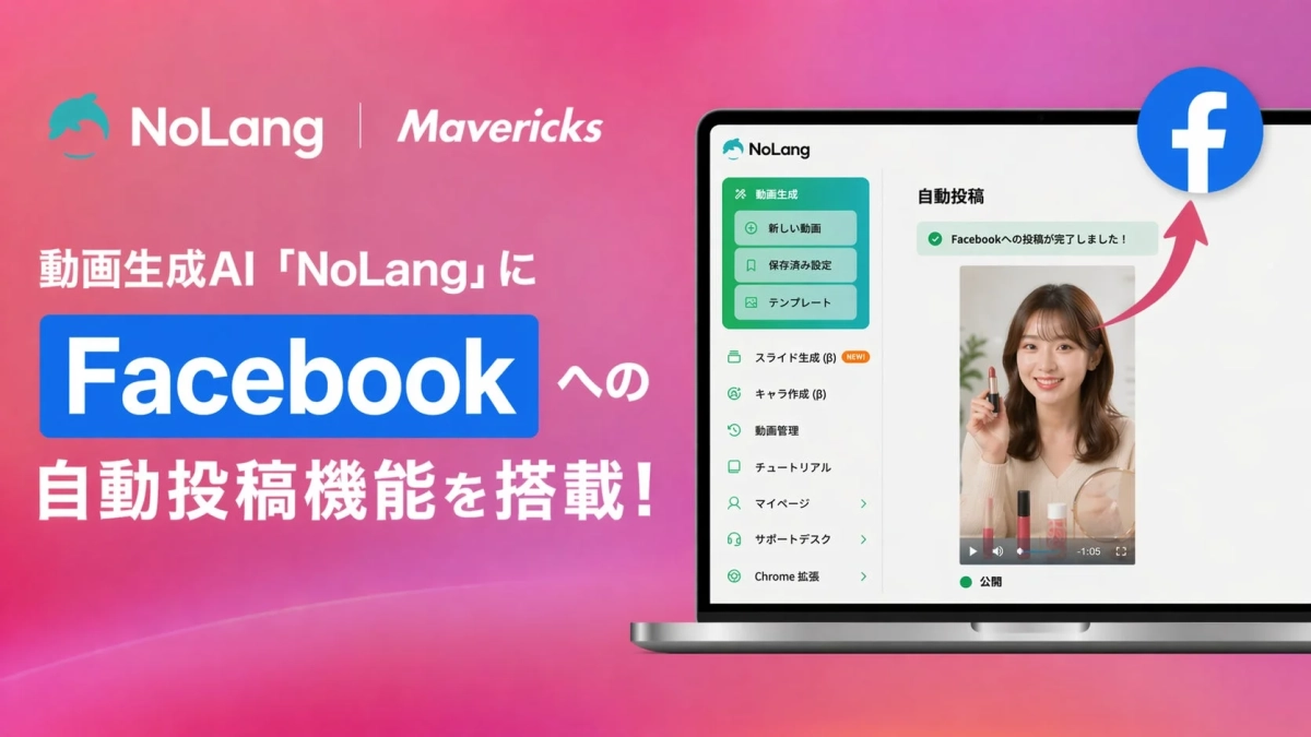 動画生成AI「NoLang」がFacebookへの自動投稿機能を搭載したことを示す画像