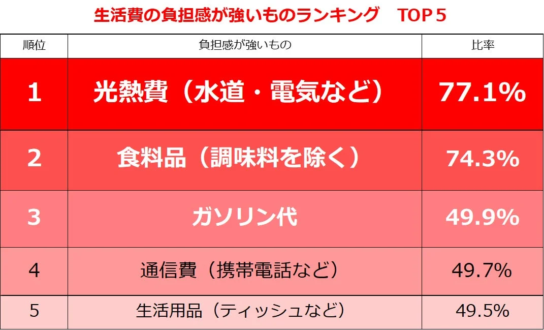 生活費の負担感が強いものランキング TOP5