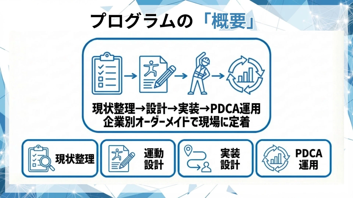 プログラムの概要：現状整理→設計→実装→PDCA運用