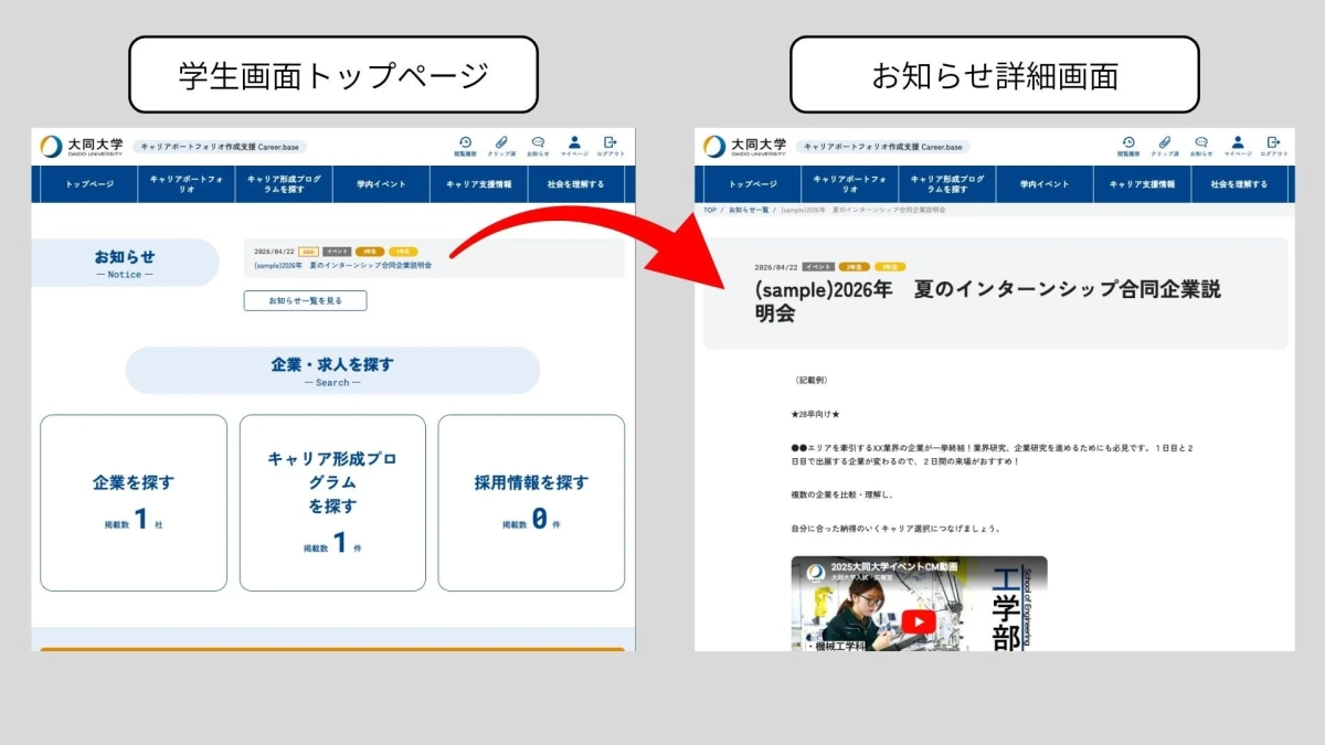 学生画面トップページのお知らせ一覧と詳細