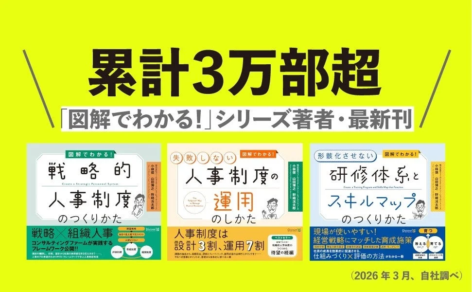 「図解でわかる！」シリーズの著者による累計3万部超の最新刊を紹介する画像です。戦略的な人事制度の構築、失敗しない運用、形骸化させない研修体系とスキルマップの作り方に焦点を当てた3冊のビジネス書が示されており、人事・育成に関する実践的なノウハウを提供しています。