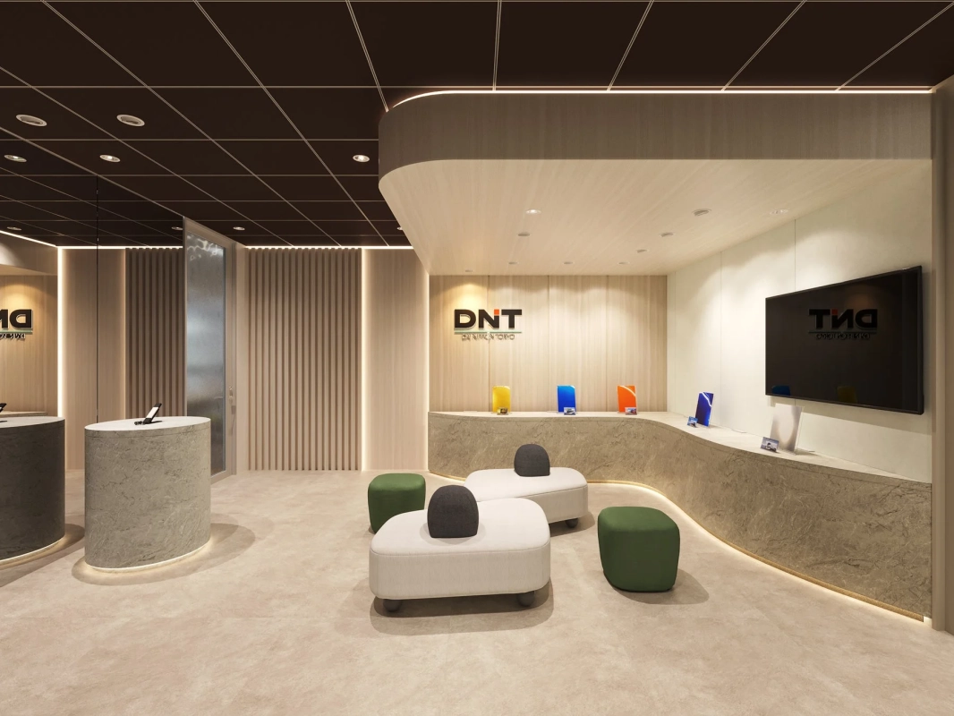 DNTロゴ、受付、ラウンジ