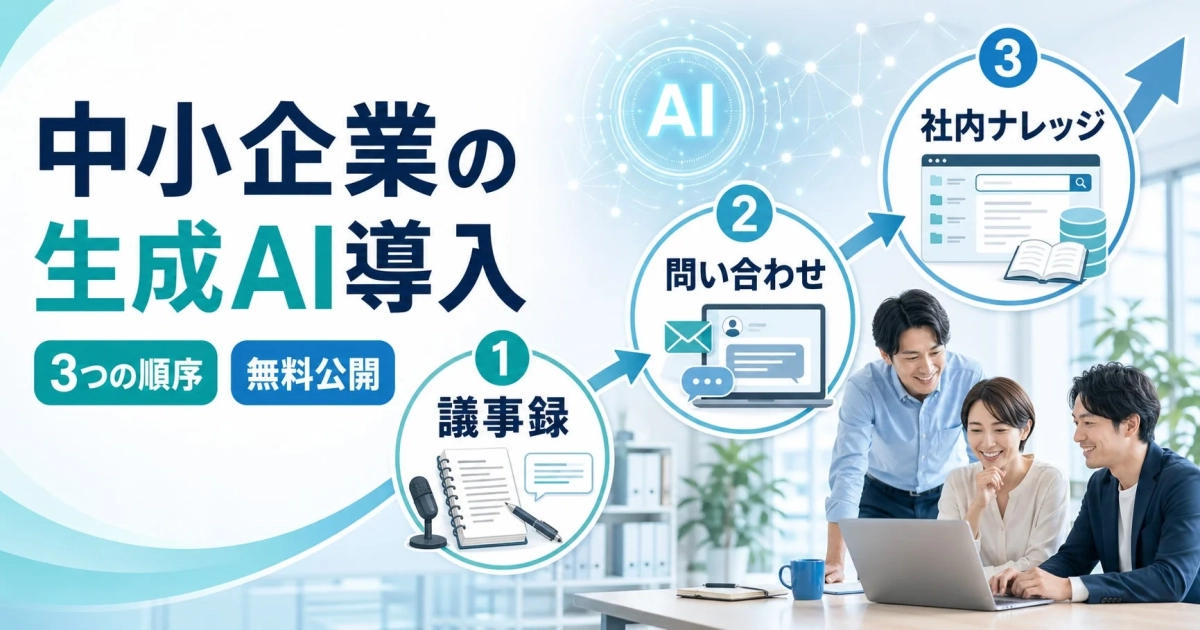 中小企業の生成AI導入 3つの順序 無料公開 AI 1 議事録 2 問い合わせ 3 社内ナレッジ