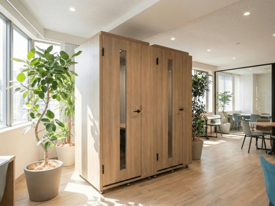 モダンなオフィス空間に設置された木製の集中ブース