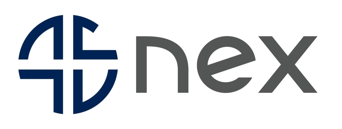 青い抽象的なシンボルと、隣に「nex」と書かれたグレーのテキストで構成されたロゴマークです。シンプルでモダンなデザインが特徴です。