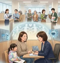 オフィスで、社員が親子や高齢者と対話する様子