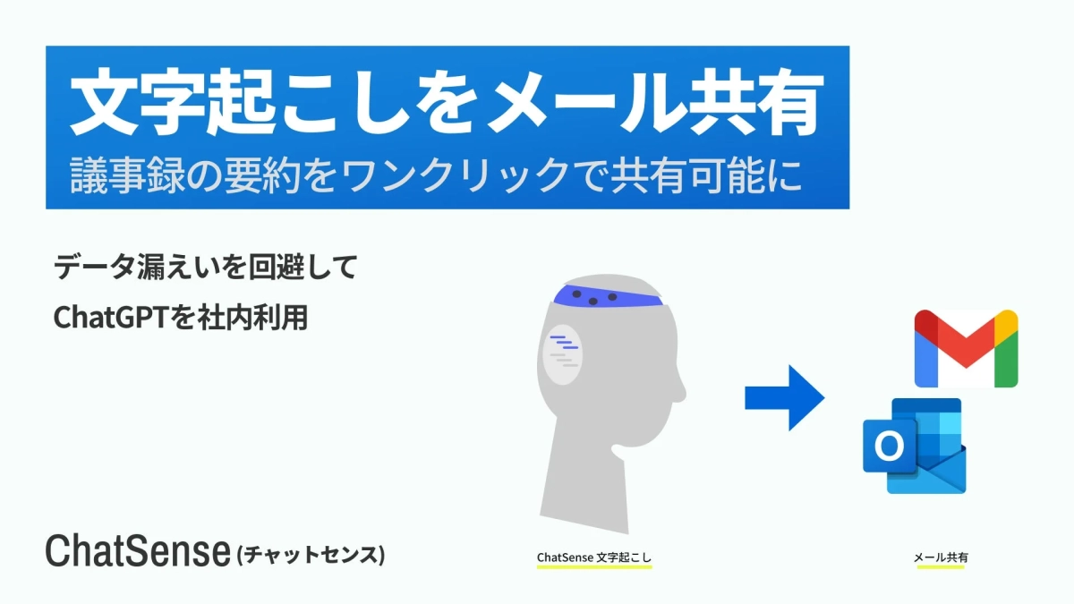 文字起こしをメール共有 議事録の要約をワンクリックで共有可能に データ漏えいを回避して ChatGPTを社内利用 ChatSense (チャットセンス) ChatSense 文字起こし メール共有