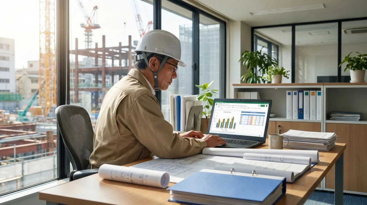 ヘルメットをかぶった男性エンジニアがオフィスでノートパソコンに向かい、スプレッドシートや設計図を使って作業している様子