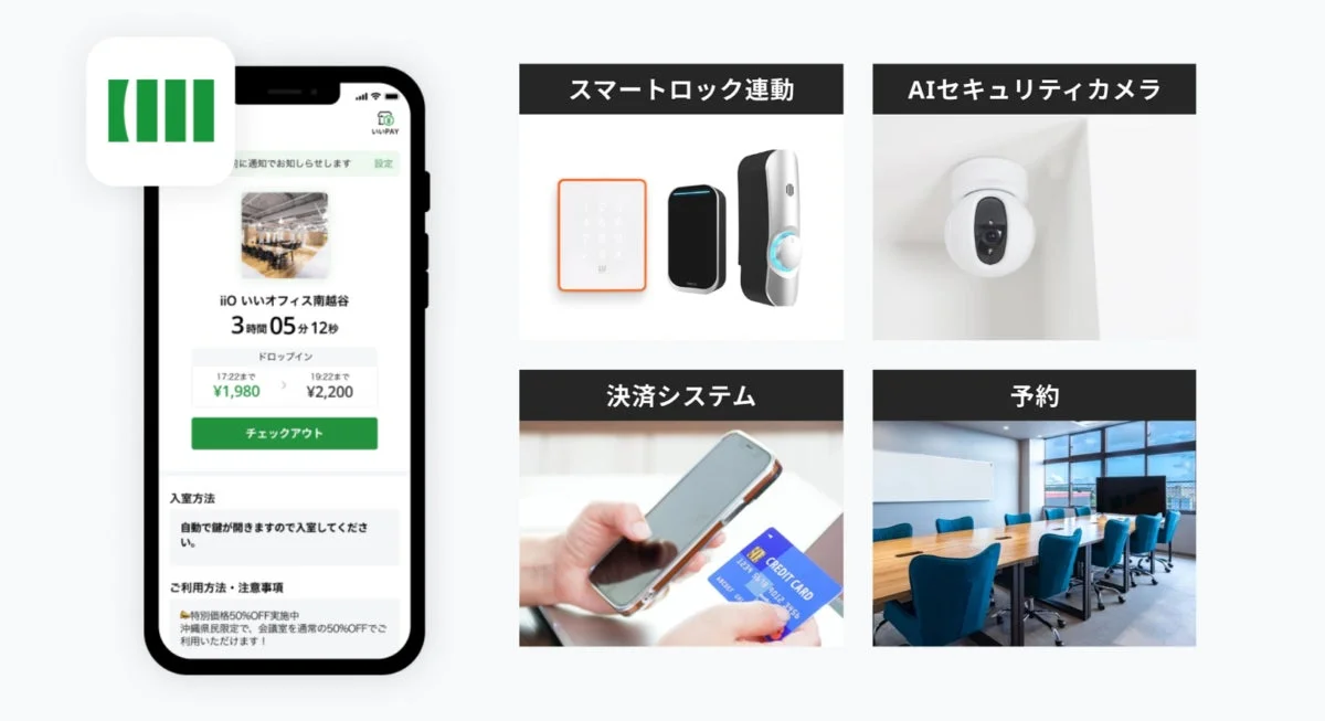 スマートフォンアプリでコワーキングスペース「iiO いいオフィス南越谷」の予約や利用状況を確認