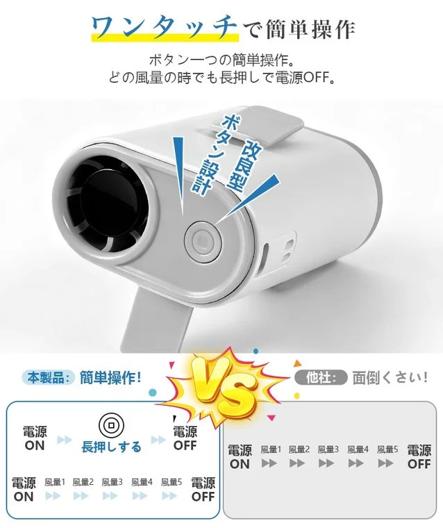 ワンタッチで簡単に操作できる改良型ボタン設計の携帯扇風機