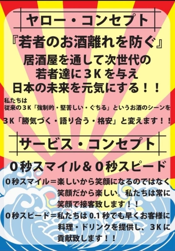 若者のお酒離れを防ぎ、居酒屋で「勝気づく・語り合う・格安」な3Kを提供し日本の未来を元気にするコンセプト