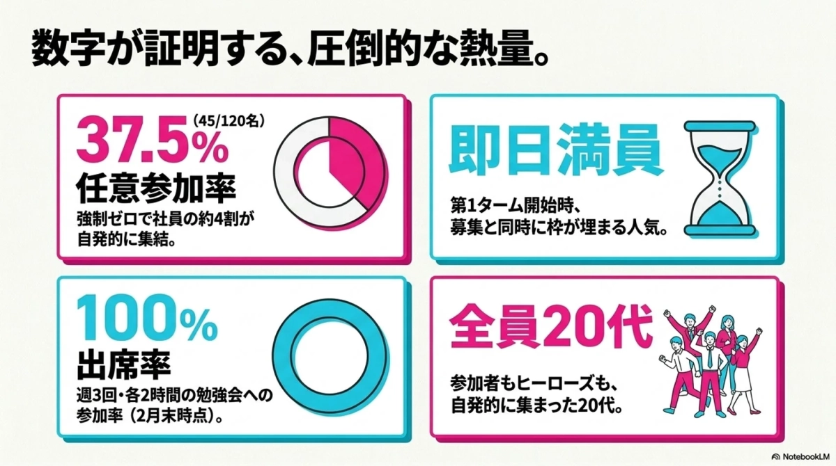 数字が証明する、圧倒的な熱量。 37.5% (45/120名) 任意参加率 強制ゼロで社員の約4割が自発的に集結。 即日満員 第1ターム開始時、募集と同時に枠が埋まる人気。 100% 出席率 週3回・各2時間の勉強会への参加率 (2月末時点)。 全員20代 参加者もヒーローズも、自発的に集まった20代。 NotebookLM