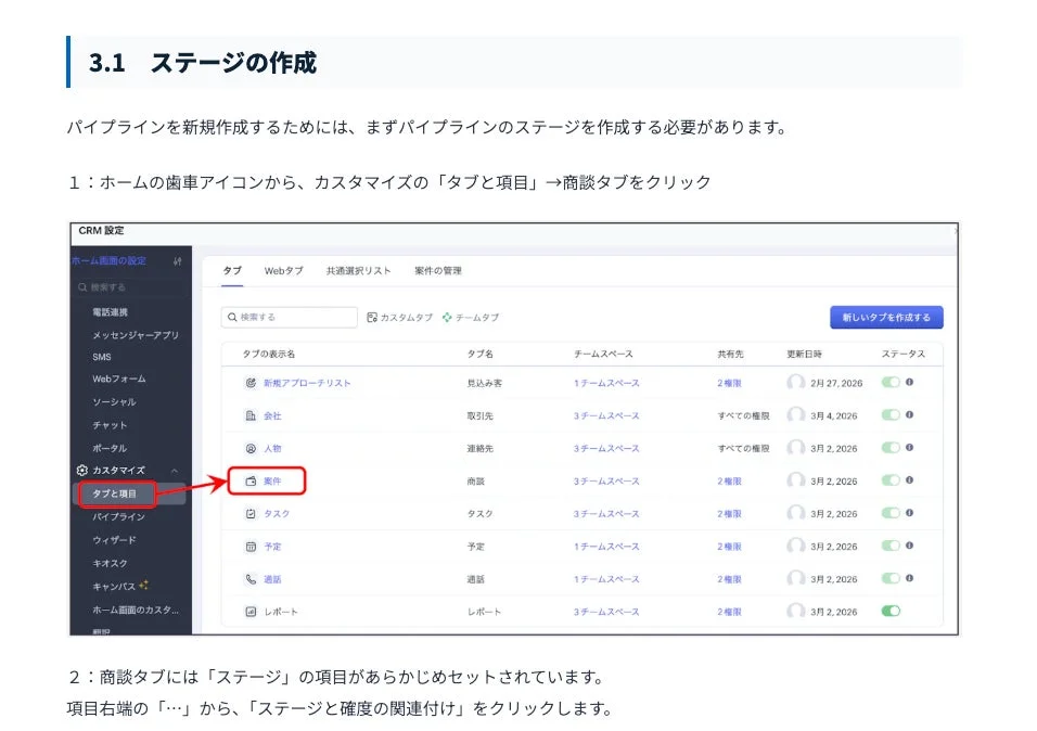CRM設定画面、パイプラインのステージ作成