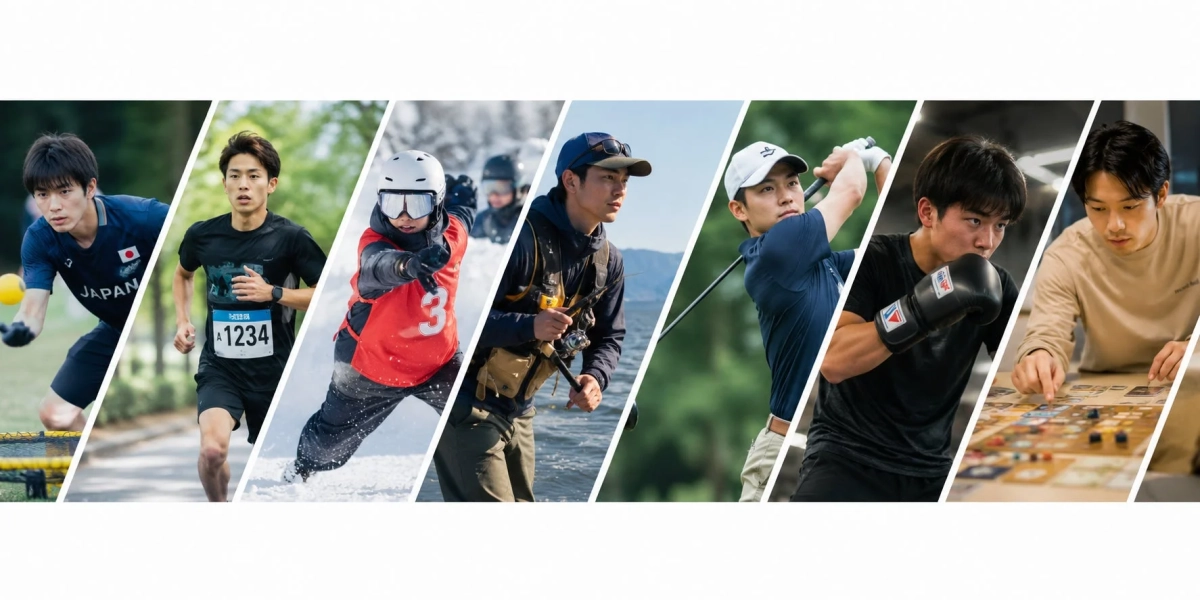 多様なスポーツや趣味を楽しむ男性たちのコラージュ画像