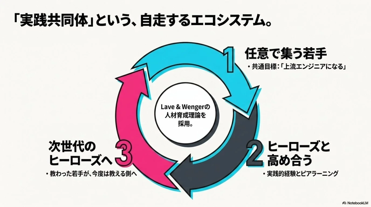 「実践共同体」という、自走するエコシステム。1 任意で集う若手 共通目標:「上流エンジニアになる」2 ヒーローズと高め合う 実践的経験とピアラーニング3 次世代のヒーローズへ 教わった若手が、今度は教える側へLave & Wengerの人材育成理論を採用。NotebookLM