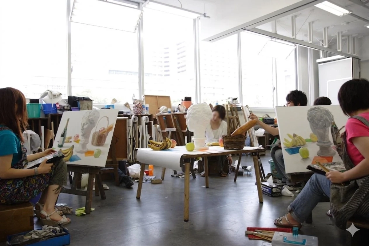 美術教室で静物画を制作する学生たち