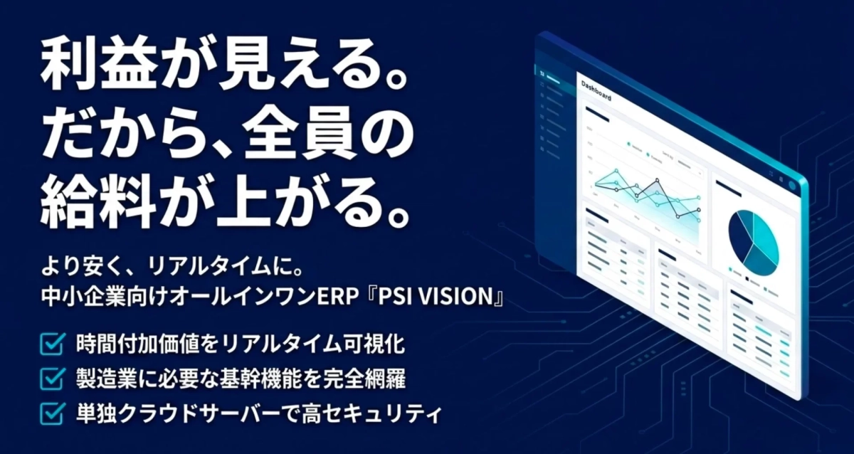 利益が見える。だから、全員の給料が上がる。より安く、リアルタイムに。中小企業向けオールインワンERP『PSI VISION』時間付加価値をリアルタイム可視化製造業に必要な基幹機能を完全網羅単独クラウドサーバーで高セキュリティDashboard