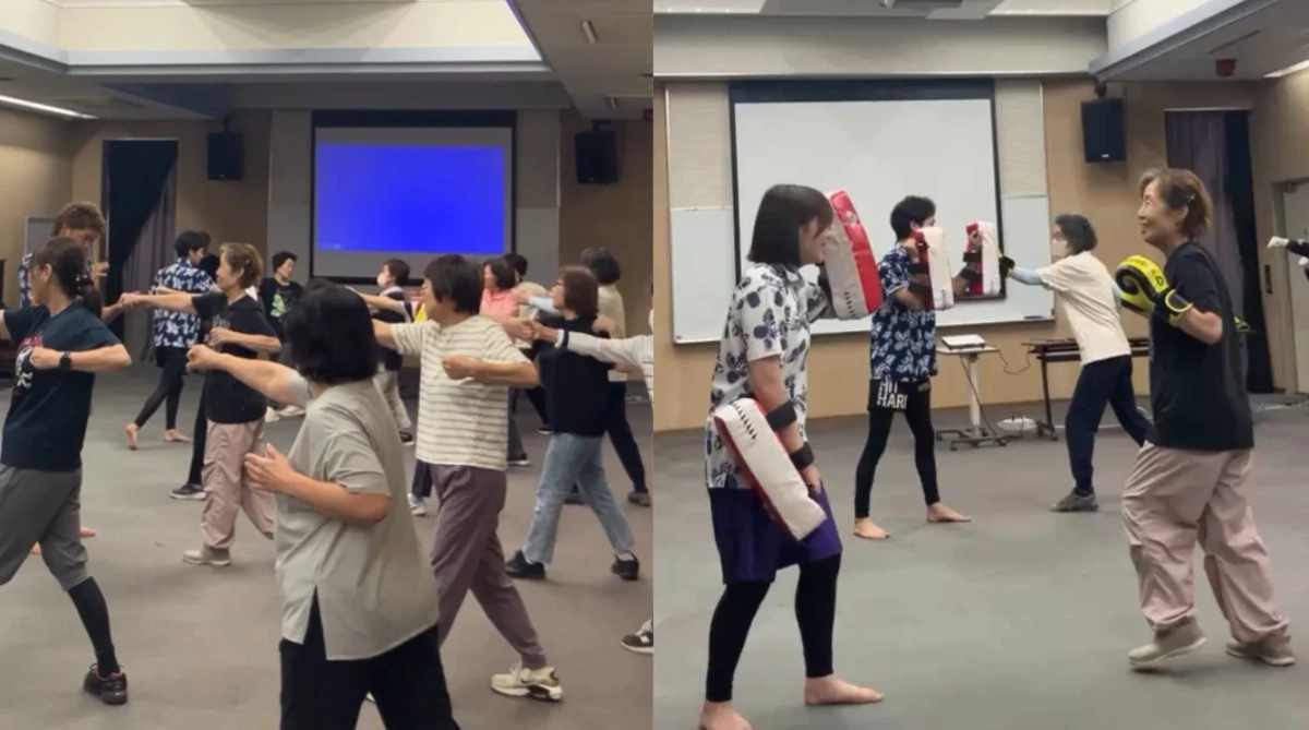 シニアがキックボクシングフィットネスをしている様子
