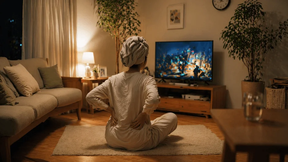バスタオルを巻いた女性が、薄暗いリビングの床に座ってテレビを鑑賞しています。腰に手を当てており、リラックスした夜のひとときを過ごしているようです。