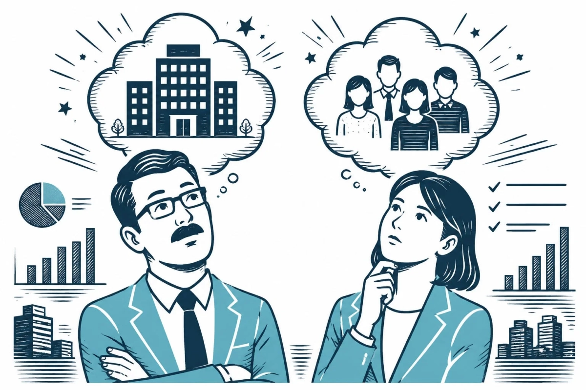 ビジネスにおける男女の異なる視点や優先順位を示唆するイラスト。男性は企業やインフラを、女性は人材やチームを考えている。周囲にはグラフや建物が描かれ、経営や戦略の多様な側面を表現している。