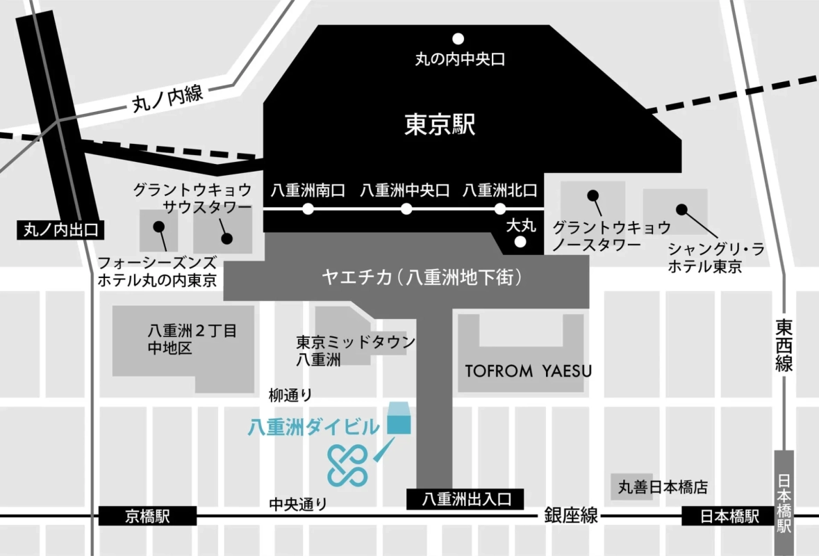 東京駅周辺、特に八重洲口側の詳細な地図