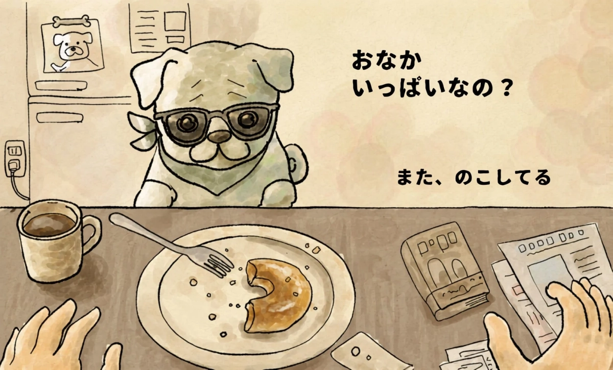 ドーナツとひだりパグのイラスト