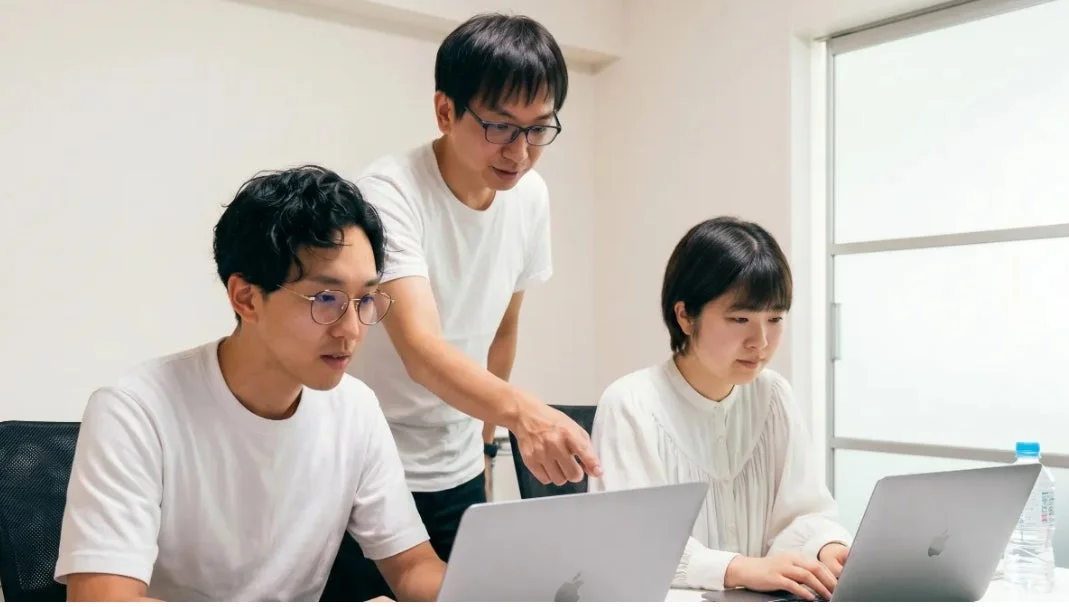 オフィスで共同作業をする3人の男女