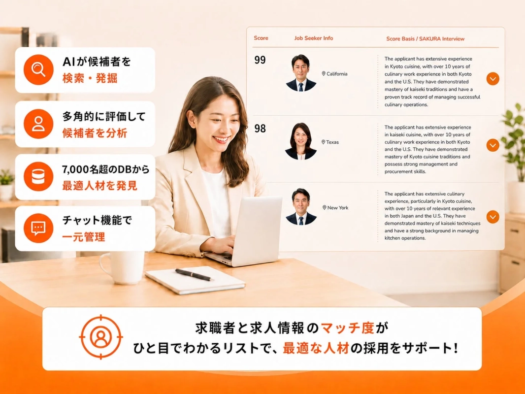 AIが候補者を検索・発掘、多角的に評価し、最適人材を発見するイメージ