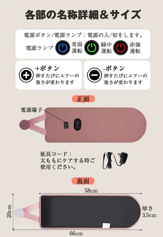ピンク色の本体と各部名称、サイズ