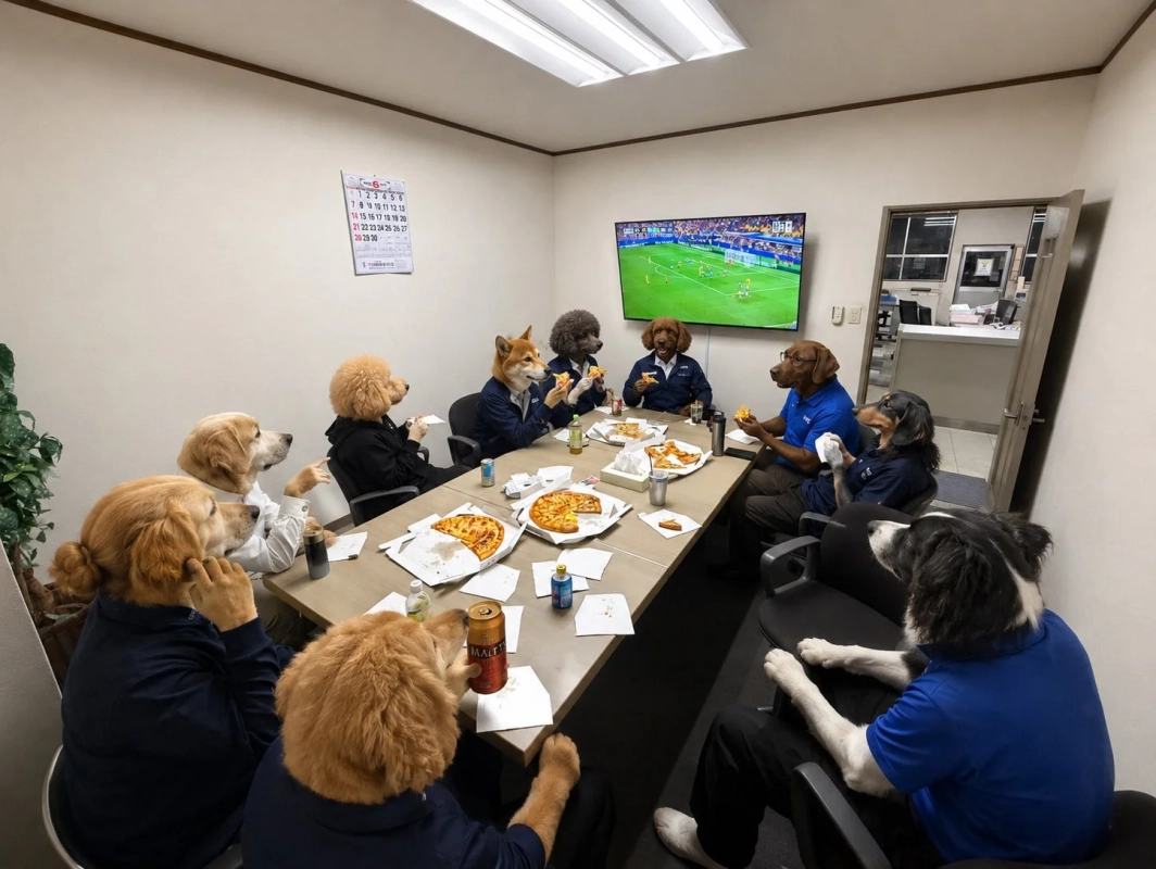 オフィスのような部屋で、犬の頭を持つ人々がピザや飲み物を囲んでサッカーを観戦しているシュールな光景。和やかな雰囲気で食事を楽しんでいます。