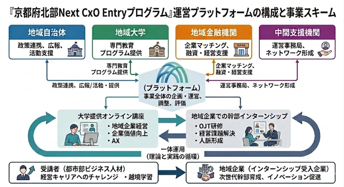 『京都府北部 Next CxO Entryプログラム』運営プラットフォームの構成と事業スキーム